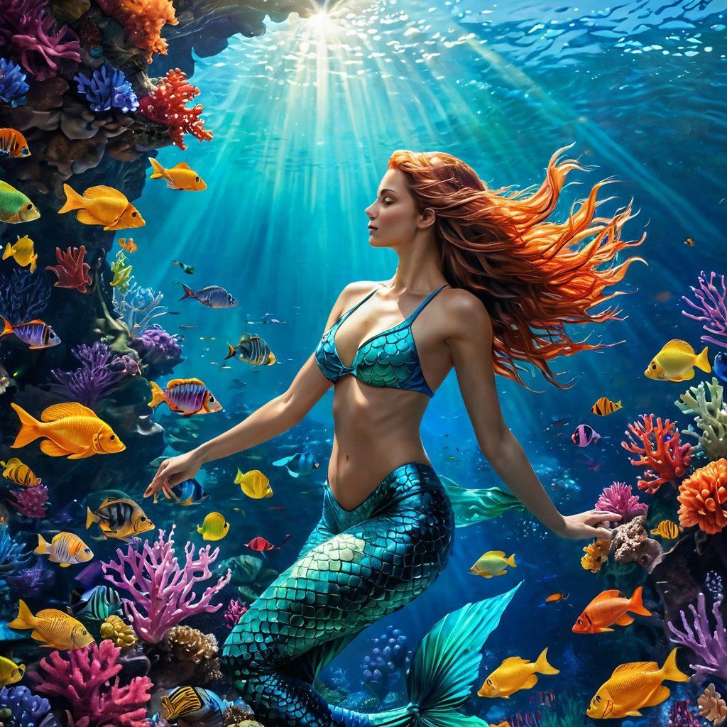 A whimsical underwater scene featuring a playful mermaid in vibrant, trendy swimwear, surrounded by colorful coral reefs and exotic fish. Include shimmering sunlight filtering through the water, creating a magical atmosphere. The mermaid's hair flows elegantly in the currents, complementing her unique swimsuit as she swims gracefully. Emphasize a sense of freedom and beauty in the ocean depths. super-realistic. vibrant colors. 3D.
